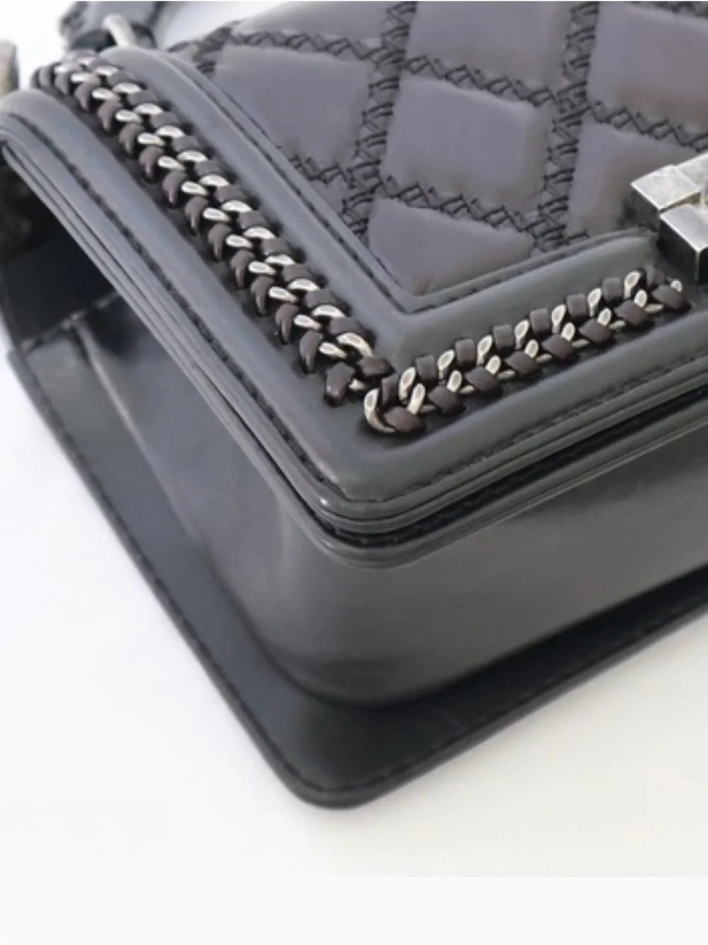 CHANEL Boy 2-Way Chain Shoulder Bag Black Brown Quilted Top Handle 8”